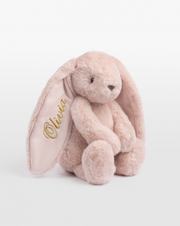 Lyserød kanin med navn i guld brodering