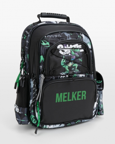 Børneh rygsæk med navn, med motiv af dinosaurer