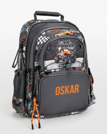 Børneh rygsæk med navn, med motiv af monstertrucks