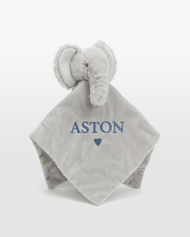 nusseklud med elefantmotiv, som broderes med valgfrit navn