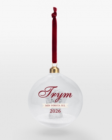 Julekugle i glas med englemotiv, personligt navn og valgfri julehilsen