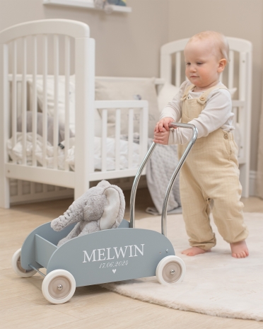 blå LÆRE-AT-GÅ-VOGN MED NAVN