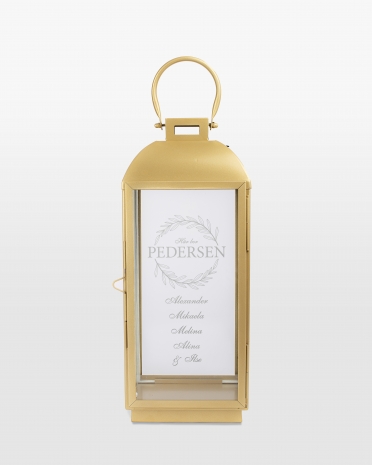Guldfarvet lanterne med navn