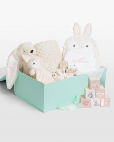 Stort gavesæt i kanintema med navn, til nyfødte babyer