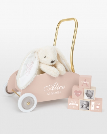 Krammedyr, gåvogn & træklodser med navn, rosa