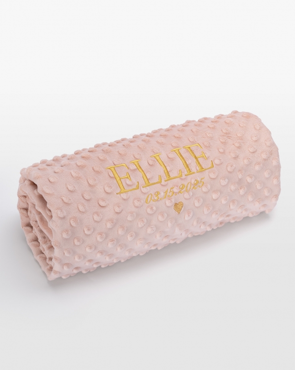 Lyserød babytæppe med navn i guld brodering