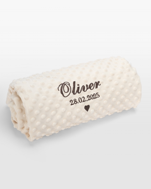 Cremefarvet babytæppe med brun brodering