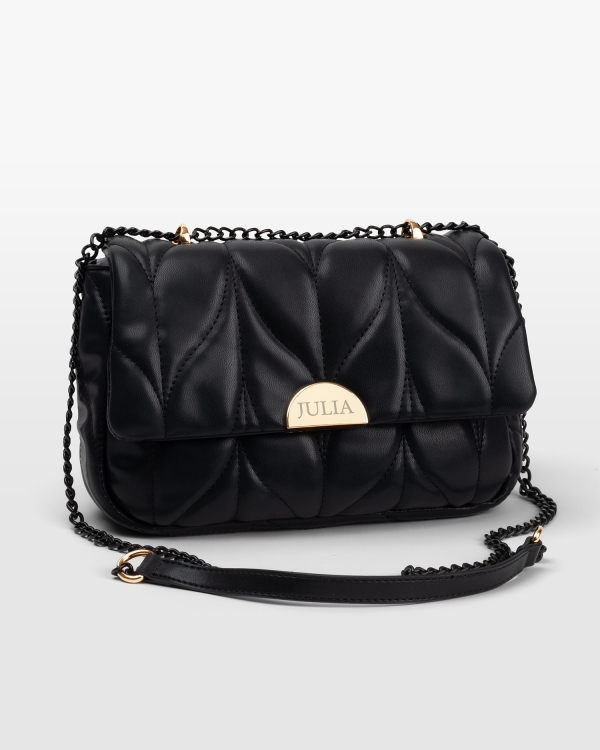 Sort håndtaske med indgraveret navn