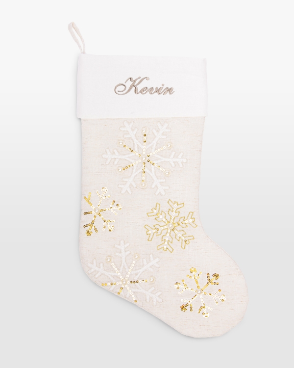 beige julstrømpe med personlig broderi