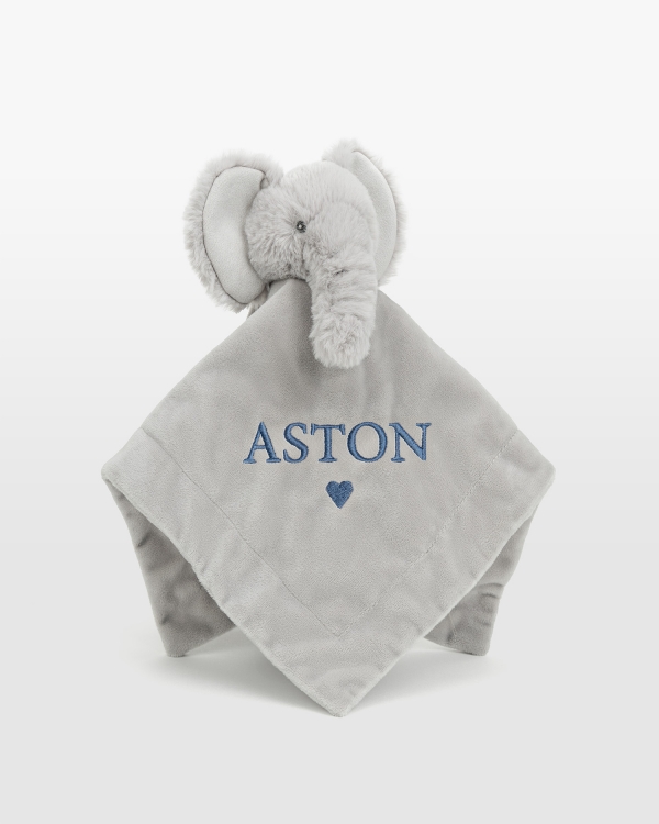 nusseklud med elefantmotiv, som broderes med valgfrit navn