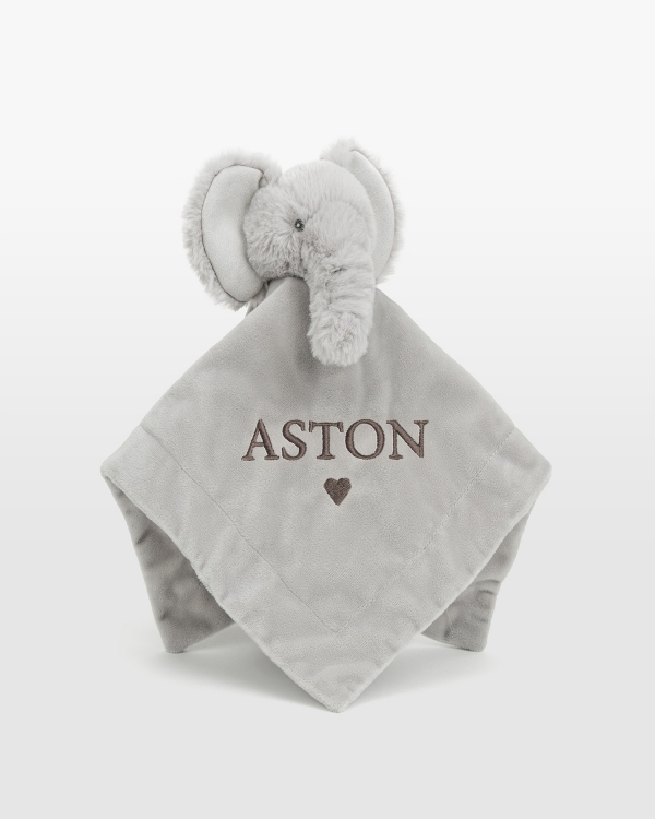 Grå elefantsnutte med blåt broderet navn