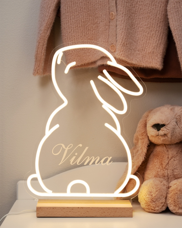 Børnelampe i neon med kaninmotiv og navn