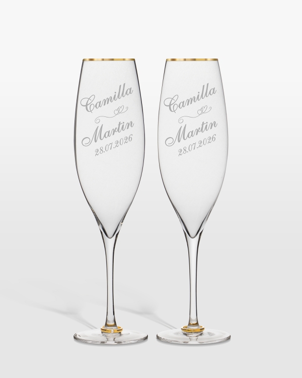 Champagneglas med guldkant og personlig gravering