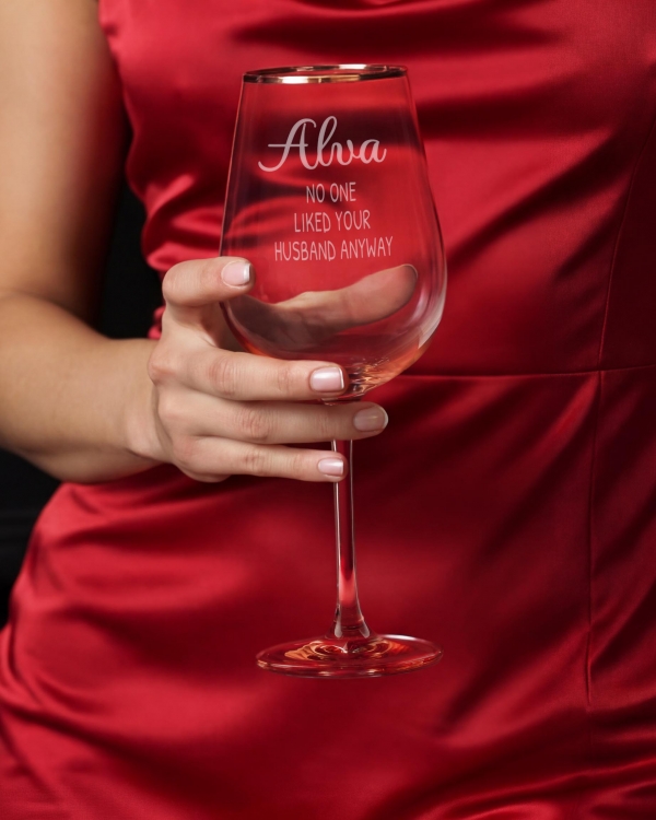 Vinglas med citat og navn