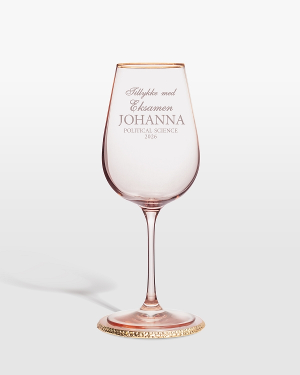 Lyserødt vinglas med indgraveret tekst - perfekt dimissionsgave