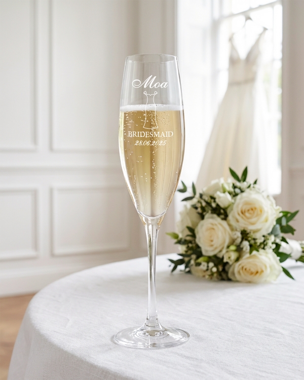 Smukt champagneglas med navn til bryllup