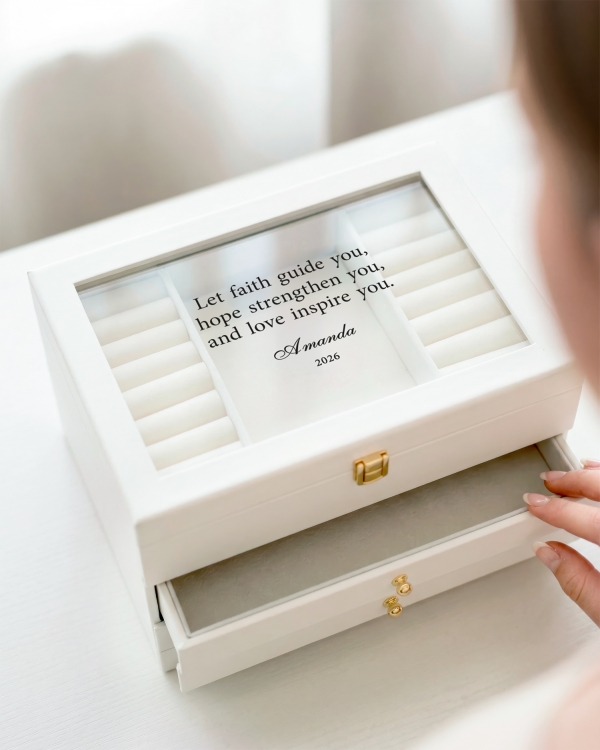 Smykkeskrin, der printes med valgfrit budskab og navn.