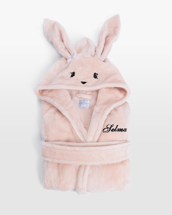Søde rosa børnebadekåbe med kaninhætte og personligt broderi, perfekt til hyggelig komfort og legende stil.