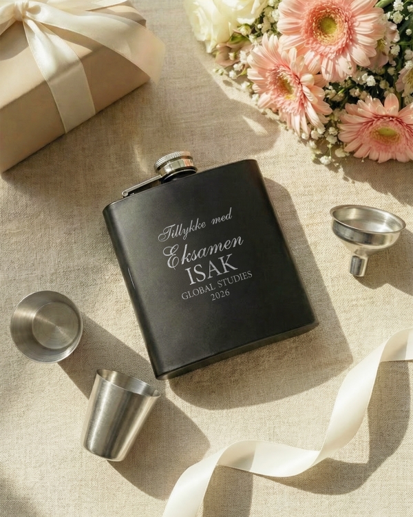 Sort lommelærke i rustfrit stål med personlig gravering