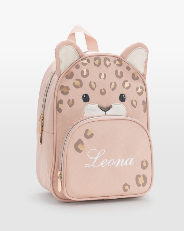 Rosa børnerygsæk med navn i form af en leopard med guldglitrende pletter