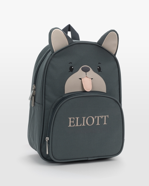 Grå børnerygsæk med hundemotiv, hale og tunge