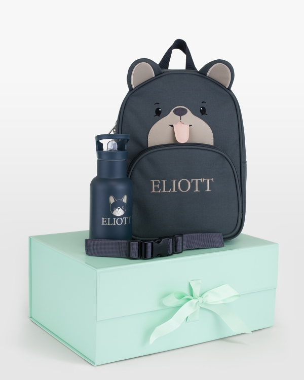 Gavesæt med børnerygsæk, drikkedunk og brystrem