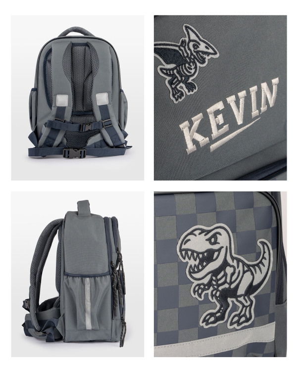 Grå skoletaske med dinosaurmotiv, broderet navn og reflekser