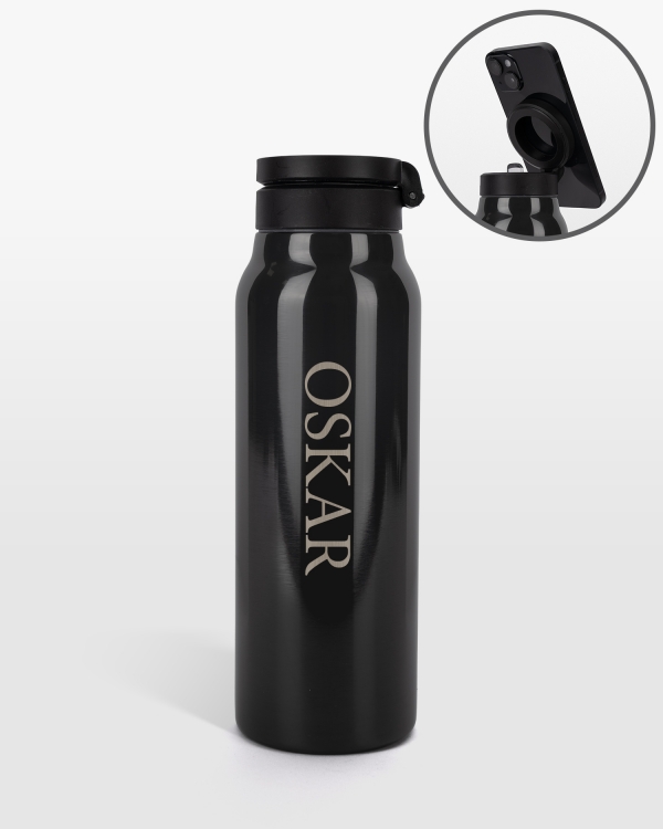 Smart drikkeflaske med magnet til at fastgøre mobilen