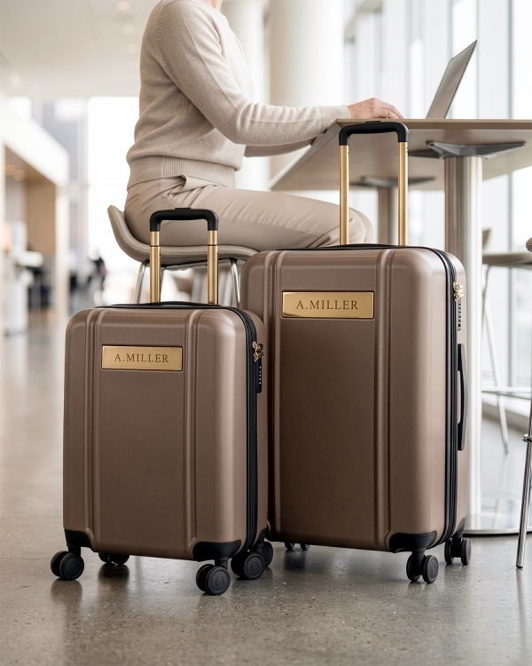 Sæt med brun kuffert og håndbagagetaske med indgraveret navn