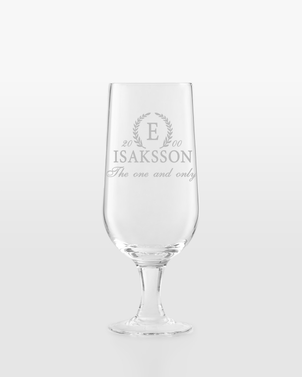 Ølglas som graveres med valgfrit navn, personlig hilsen og årstal