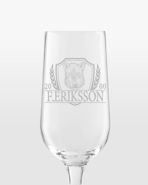 Personligt graveret ølglas med navn, årstal og jagtmotiv