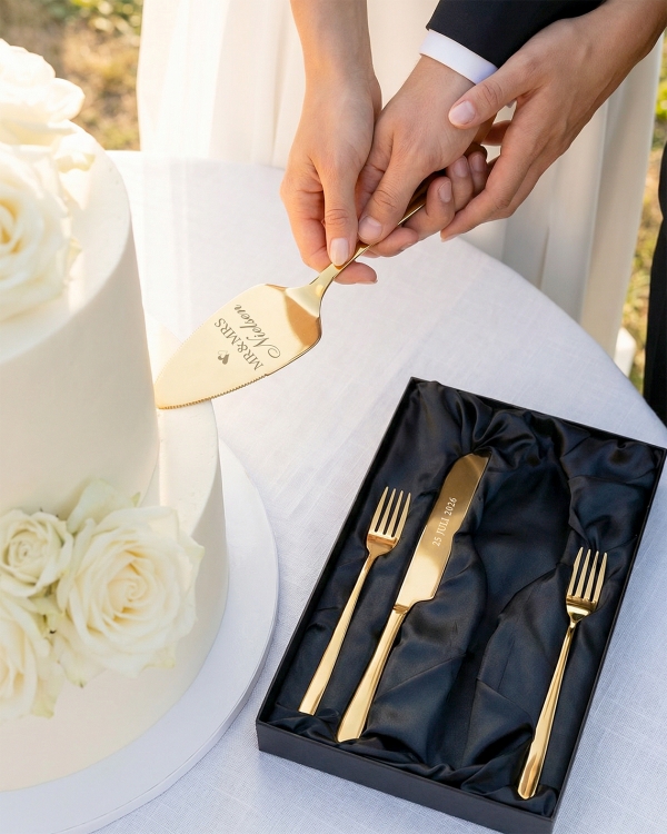 Smukt guldkagesæt med indgraveret tekst, til et bryllup