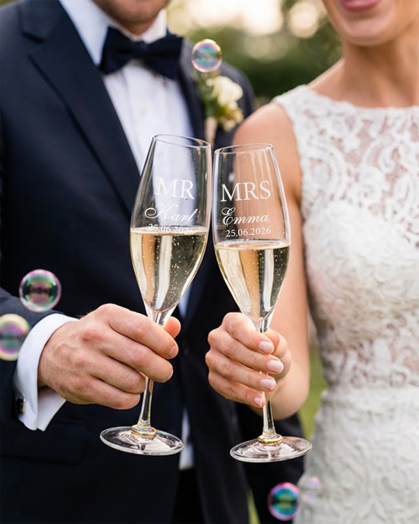 2-pak champagneglas med guldringe på foden og personlig gravering