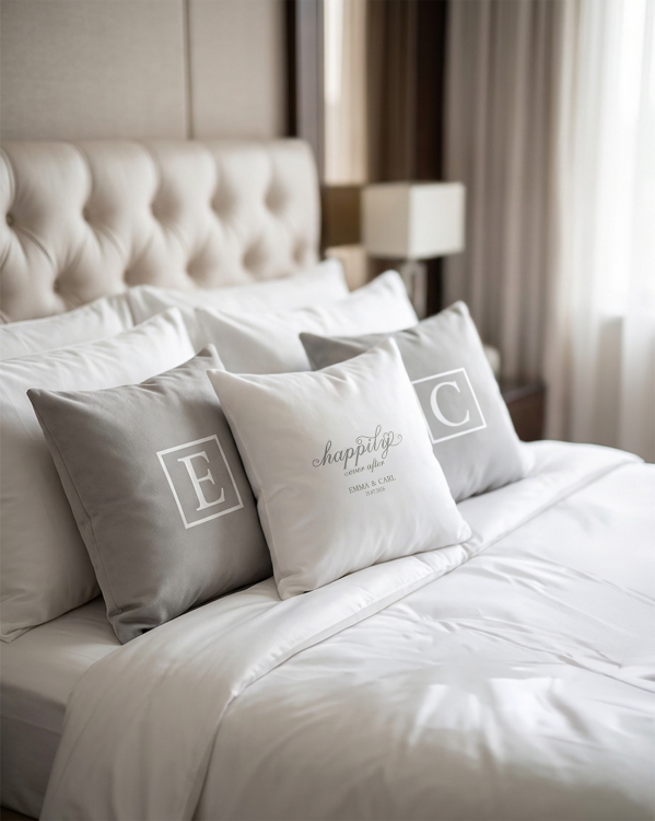 Sæt med pudebetræk med personligt print til brudeparret