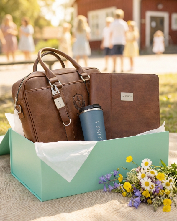 Gavesæt med laptoptaske, konferencemappe, nøglering og termokrus i farven brun