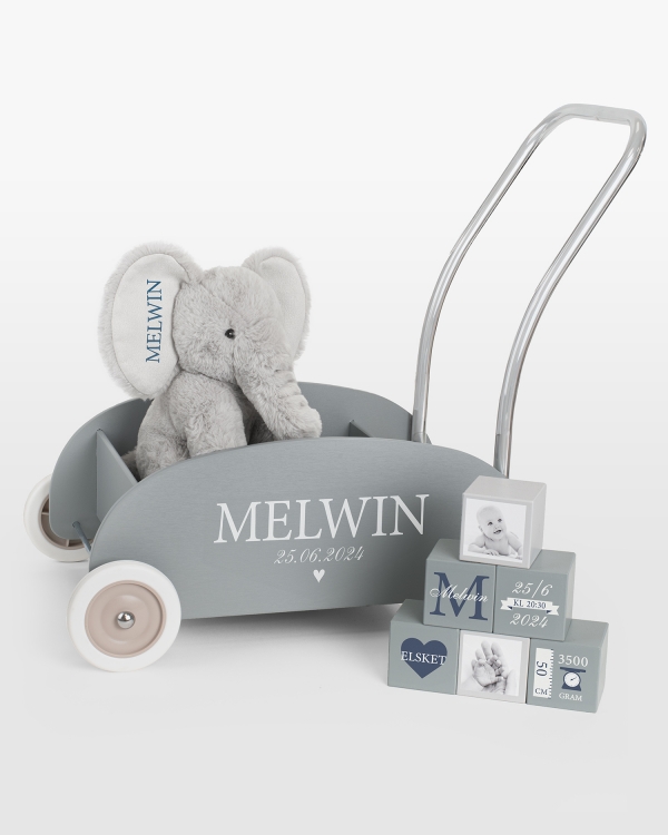 Gavesæt med gåvogn, tøjdyr og byggeklodser med navn