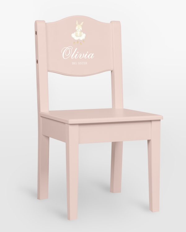 Lyserød højstol med kaninmotiv og navn samt valgfri tekst