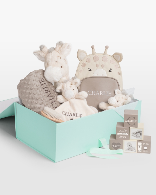 Stort gavesæt med giraftema og navne til nyfødte